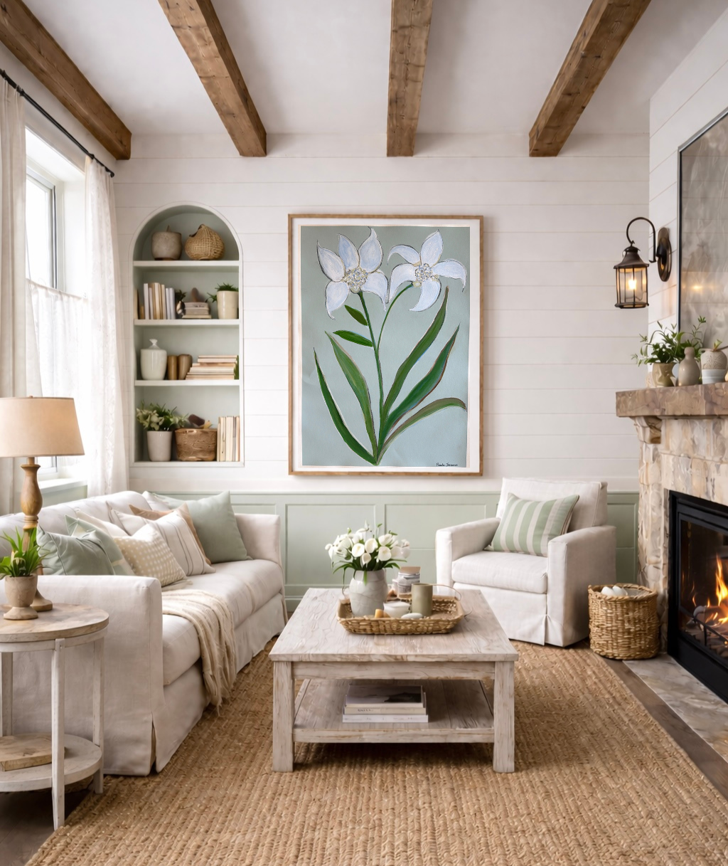 Original acrylic on paper of botanical white and green flowers in a farmhouse interior, 19x27" by Pamela Jaccarino