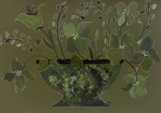 Boxwood Hour by Pamela Jaccarino, green blooms and delicate sprigs in a textured urn against an olive background.