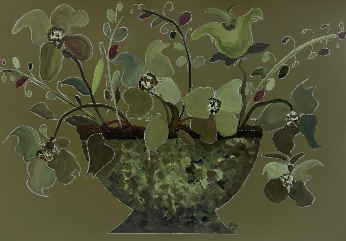 Lichen & Linen by Pamela Jaccarino, sage-green blooms and curling sprigs in a textured urn against an olive background.