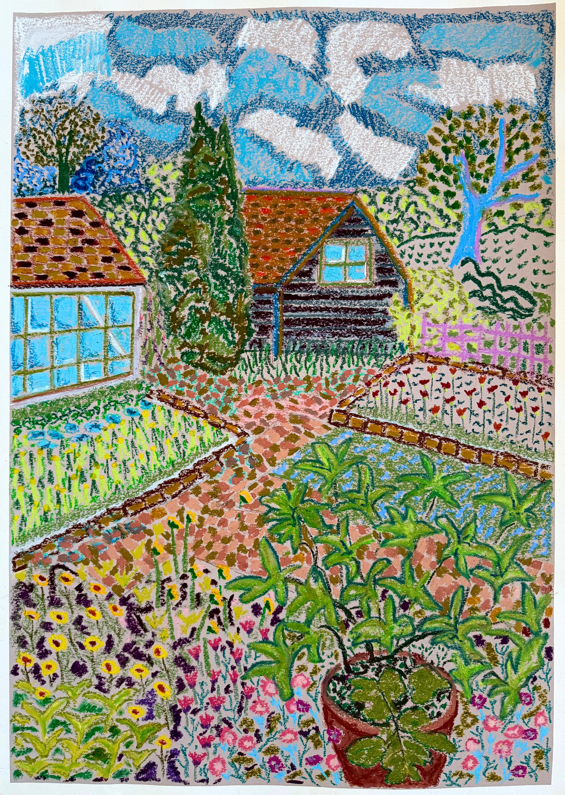 Colorful mosaic of a garden scene with a house, trees, and flowers.