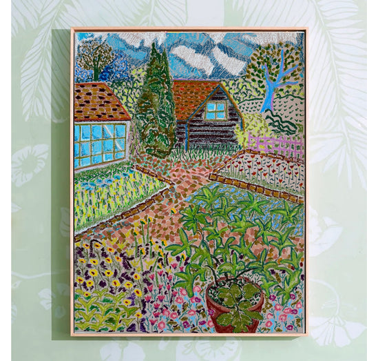 Colorful painting of a garden scene with houses and plants on a textured background.