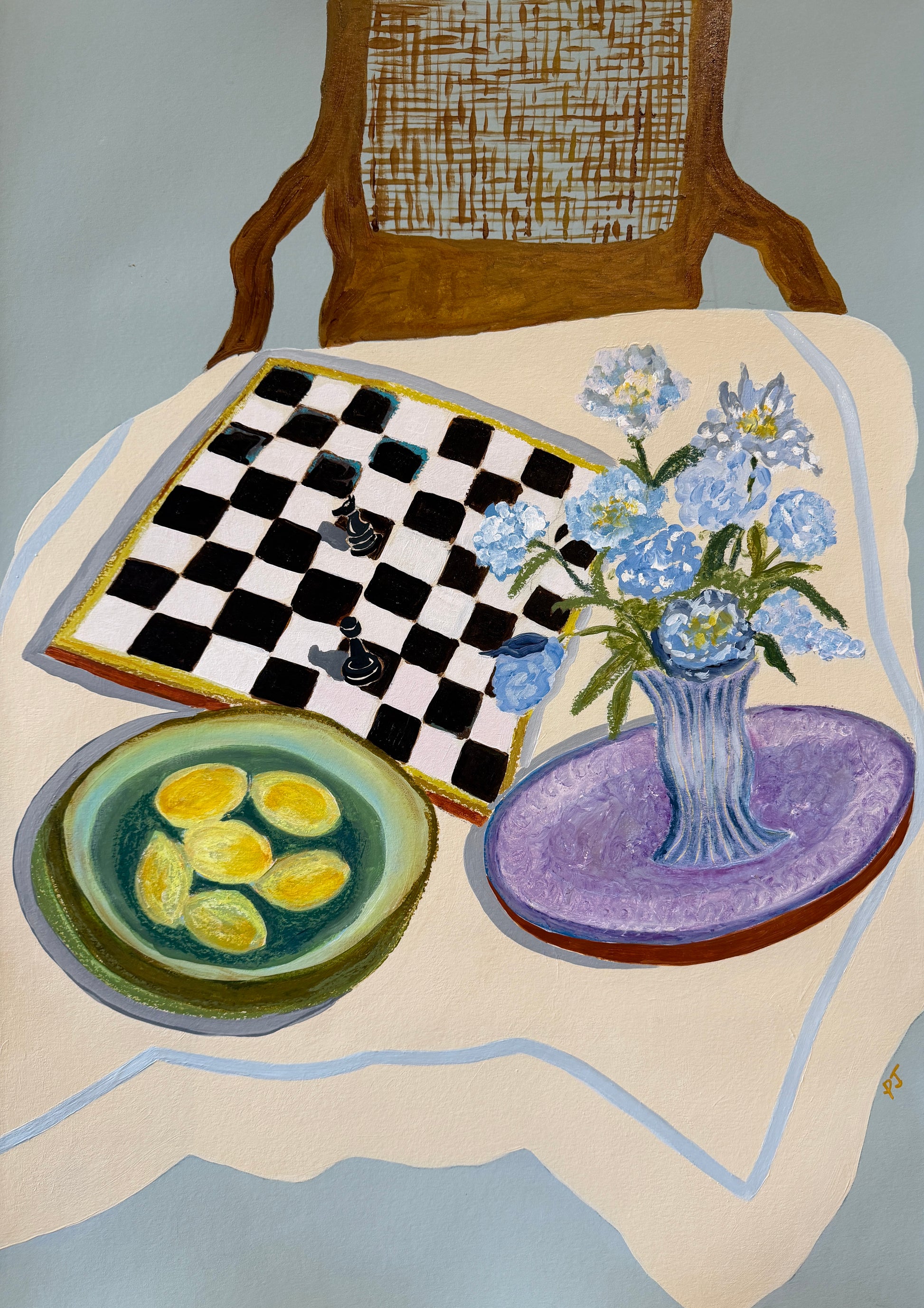 Original artwork of a tablescape still life painting with chess board