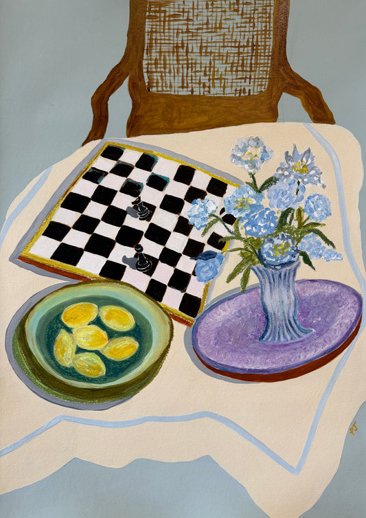 Original artwork of a tablescape still life painting with chess board