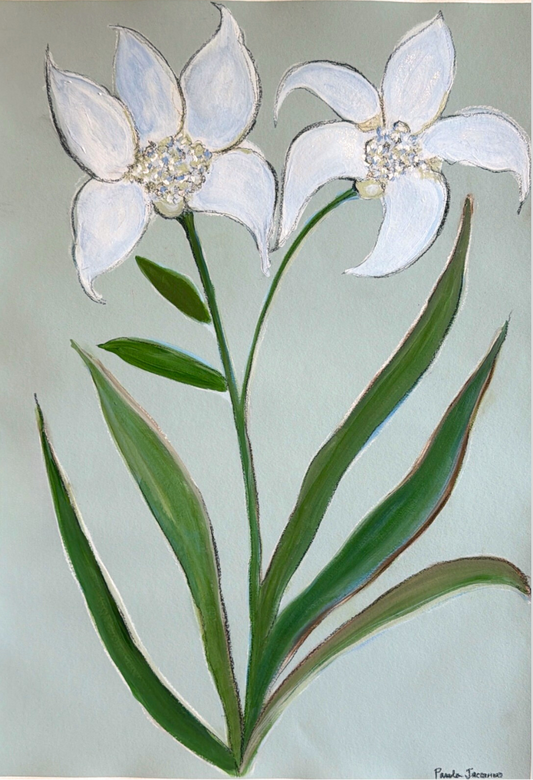 Original acrylic painting of white flowers, 19x27 inches, by Pamela Jaccarino